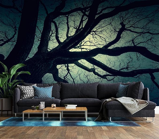 XMPMBM-Magic Forest backsplash Decorative Wallpaper Starry Sky Large Tree Bedroom Bathroom Wall Mural- W 88" X H 59"（36 Square Foot）