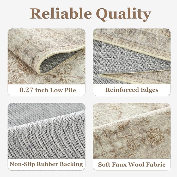Washable Neutral 5x8 Area Rugs, Vintage Farmhouse Earth Tone Beige Taupe Carpet for Living Room Bedroom, Low Pile Thin Rug with Non Slip Rubber Backing for Dining Room Nursery Home Office