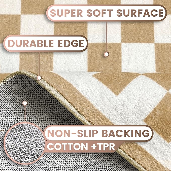 Washable 4x6 Checkered Area Rug for Living Room, Tan Brown Checkerboard Modern Boho Large Rugs, Ultra Thin Low Pile Lightweight Indoor Carpet with Non-Slip Backing for Bedroom Kids Nursery Play Room
