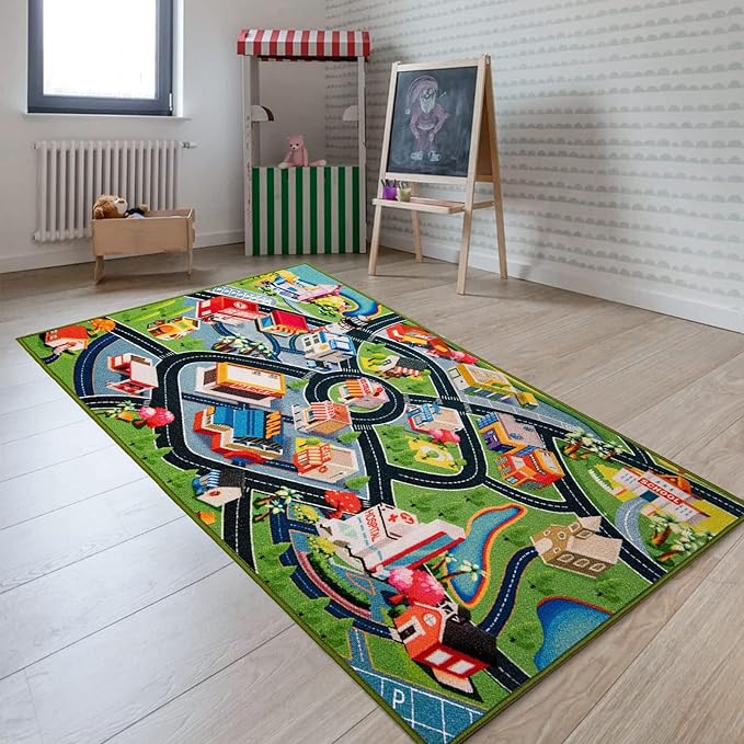 Booooom Jackson Car Rug Play Mat for Kids, 4'11" x 2'7" Rug,Car with Roads Bedroom, Kid Carpet Toddler Boy, Car Area Non-Slip Backing, Car Educational Cars and Toys