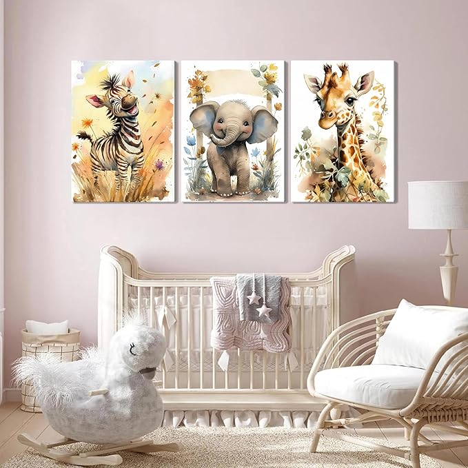 Woodland Animal Wall Art Set of 3, Wild Animals Nursery Picture Wall Decor Canvas, Cute Giraffe Elephant Zebra Watercolor Poster Print Artwork for Boys Girls Room Decoration – 16x24 inch