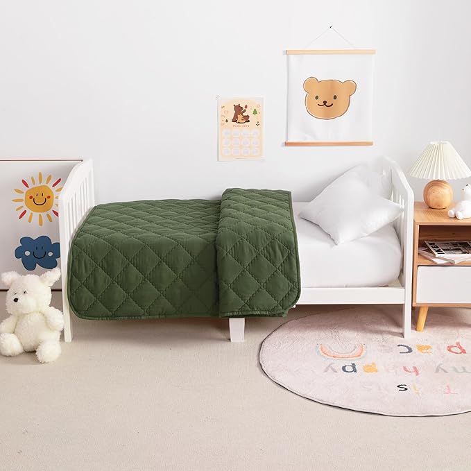 Down Alternative Oversized Toddler Comforter 43x60, Lightweight Warm Solid Color Baby Crib Quilted Blanket for Boys Girls, Olive Green