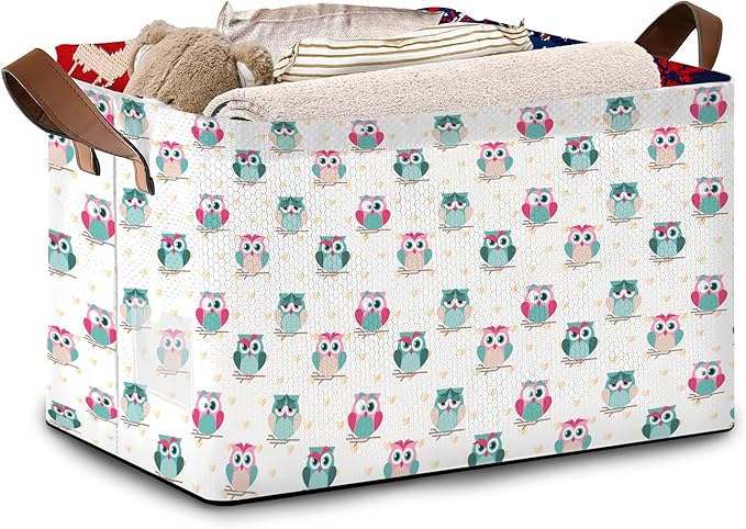 Owl Pattern Storage Basket Large 17x11.5x10.5 Inche-Collapsible Fabric Organizer Bin with Handles for Nursery, Valentines Decor, Toys-Foldable Decorative Hamper with Romantic Owl Design-Single Pack