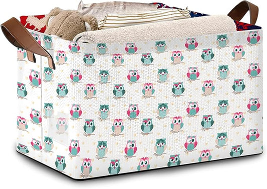 Owl Pattern Storage Basket Large 17x11.5x10.5 Inche-Collapsible Fabric Organizer Bin with Handles for Nursery, Valentines Decor, Toys-Foldable Decorative Hamper with Romantic Owl Design-Single Pack
