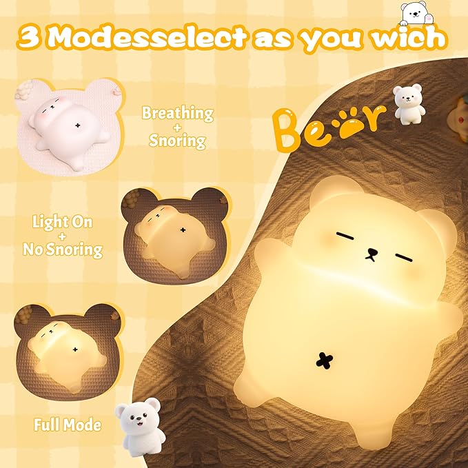 Sleepy Snoring Bear Night Light for Kids, Cute Animal Silicone Nursery Night Lamp with Snoring Sound, Breathing Bear Gifts for Birthday Xmas