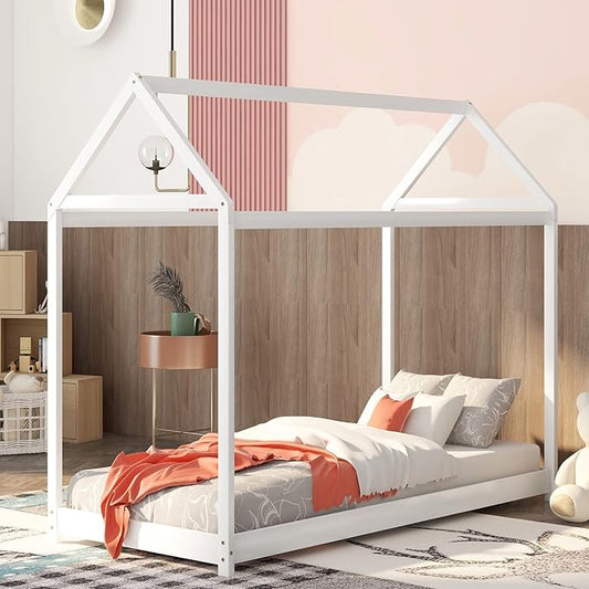 Bellemave Twin Size House Bed, Wood House Platform Bed with Roof and Slats, House Daybed Frame for Kids, Boys, Girls, No Spring Box Needed, White