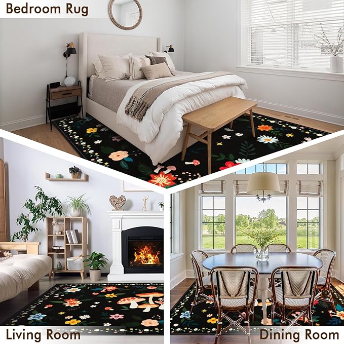 5x7 Machine Washable Area Rug, Non-Slip Vintage Floral Floor Rugs for Kids, Low Pile Room Carpet for Living Room, Bedroom, Dining Room & Nursery(5x7 Black Mushroom)