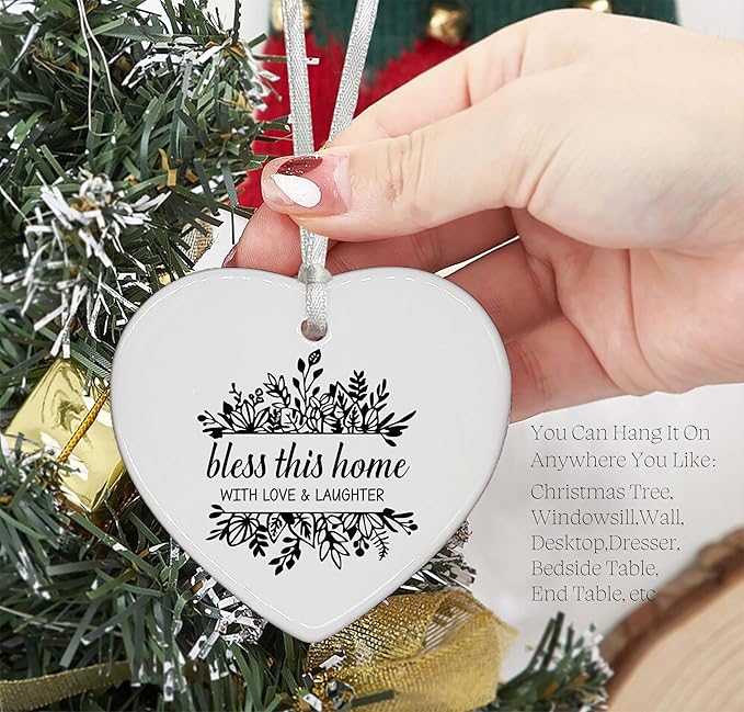 Bless This Home with Love and Laughter-Congrats Realtor Gift-New Homeowners Present-Housewarming Gift for First Time Buyer-Heart Shaped Christmas Ornament