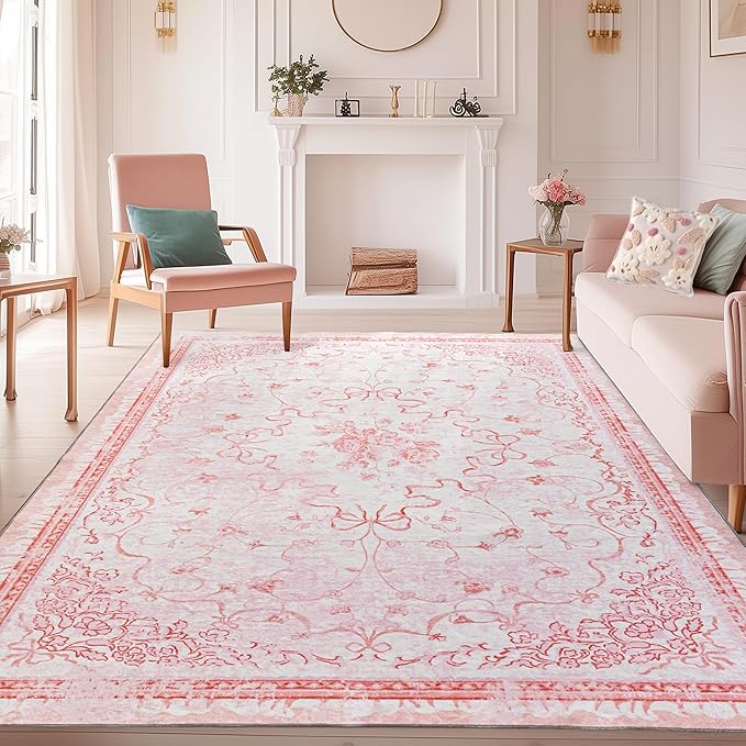Pink Area Rugs for Bedroom Nursery 6x9 - Teen Girls Coquette Cute Room Decor Aesthetic Washable Vintage Cottage Core Floral Bow Dorm Rug for College Playroom