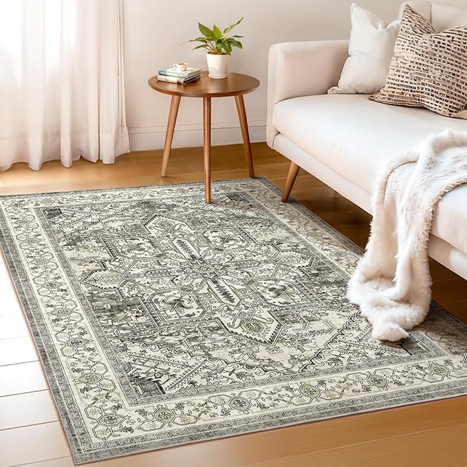 WITSHOCK Living Room Area Rugs 3x5: Washable Rug Boho Soft Non-Slip Low Pile Stain Resistant Foldable Carpet for Bedroom Playroom Dining Room Office Kitchen Farmhouse Home Decor Rug-Brown/Lvory