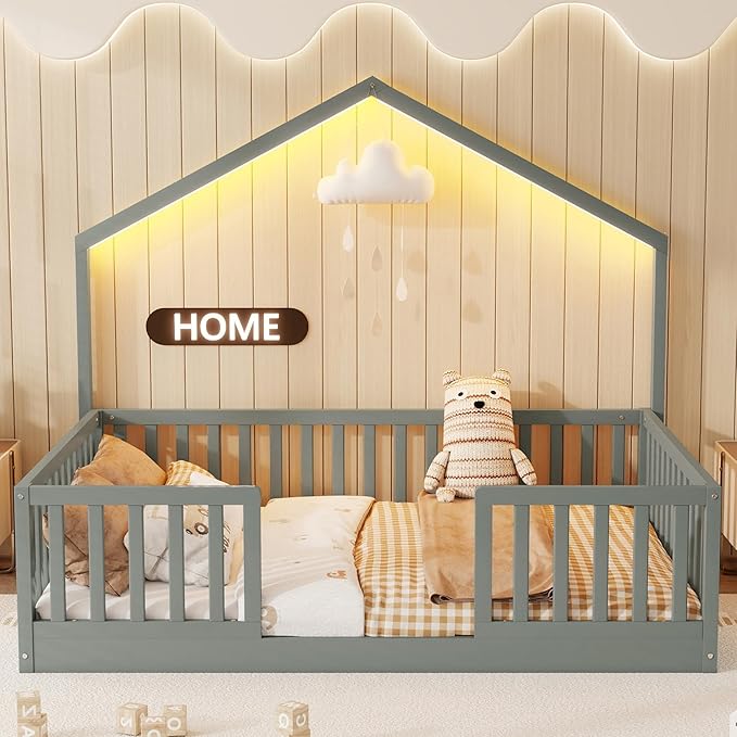Full Size House Bed for Kids, Low Profile Full Montessori Bed with High Railings, Wood House Shape Montessori Beds with Light & Roof for Kids, Gray