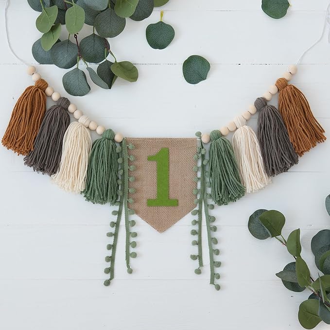 Wild One High Chair Banner Boy First Birthday Decorations,Jungle Green 1st Highchair Banner,Woodland One Year Old Party Decor Babys Themes Wood Bead Tassel Garland