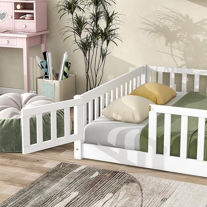 Bellemave Full Size Floor Bed Frame with Fence and Door for Kids, Montessori Floor Bed with Slats and Safety Guardrails,Solid Wood Full Bed Frame for Girls Boys,White