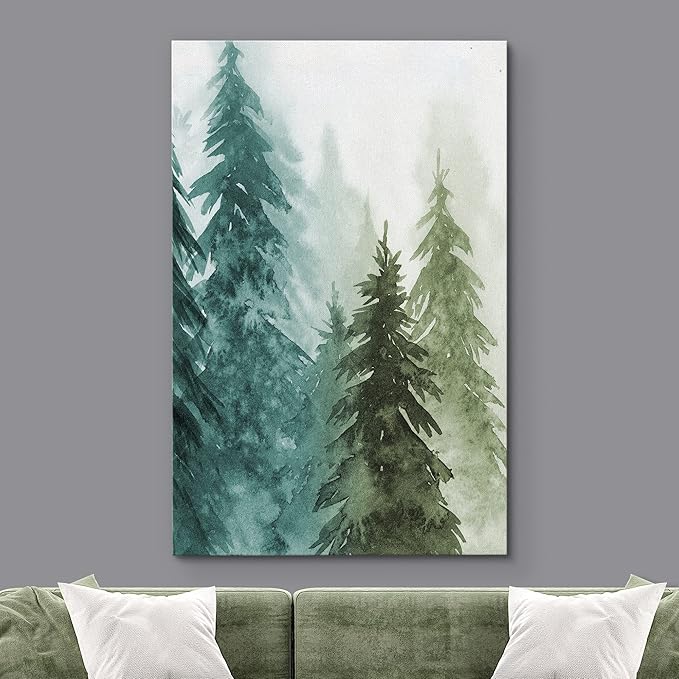 SIGNWIN Canvas Print Wall Art Woodland Nursery Decor Green & Teal Watercolor Forest Pine Trees Floral Nature Illustrations Modern Chic Dramatic Multicolor for Living Room, Bedroom, Office - 16"x24"