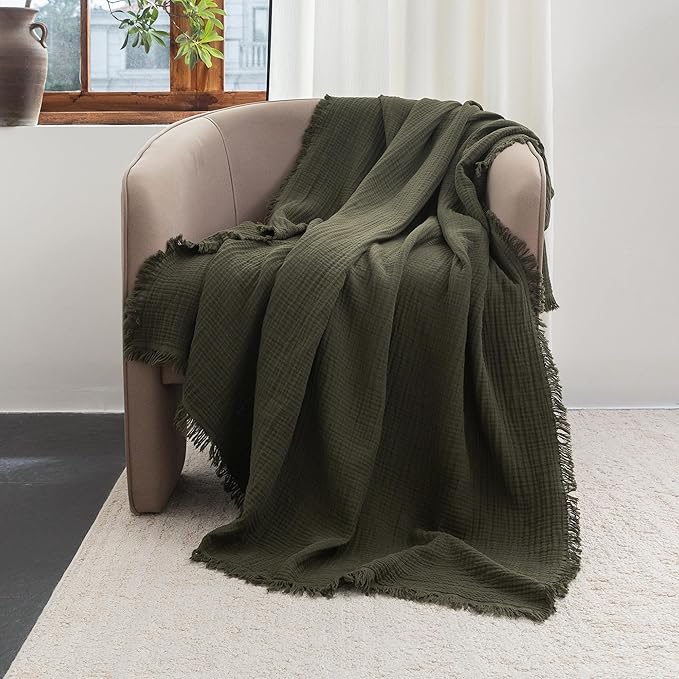 FOSSA Muslin Blanket with Fringe - 4-Layer 100% Cotton Gauze Super Soft & Breathable Throw -Lightweight Decorative Cooling Blanket for Bed, Sofa, Office -Super King Size 108" × 98" (Olive Green)