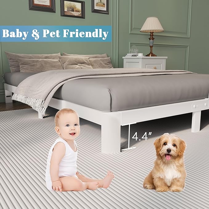 6 Inch King Size Bed Frame with Metal Gaskets, White Bed Frame King Size No Box Spring Needed, Heavy Duty Steel Platform Support, Round Corner Design, Noiseless, Easy Assembly