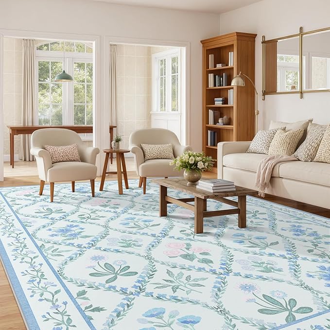 Blue 8x10 Rugs for Living Room, 8x10 Boho Floral Washable Area Rug Non Slip, Soft Cute Indoor Decor Elegant Carpet for Bedroom Kids Room Nursery Dining Room,Blue Multi