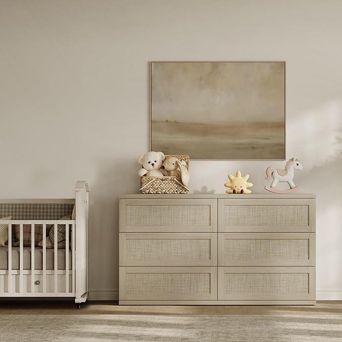 SICOTAS Dresser for Bedroom - 9 Drawer Dresser for Nursery 75" Wide Rattan Dressers & Chests of Drawers Boho Drawers for Bedroom Living Room Clothes Long Closet Storage for Closet Hallway Entryway