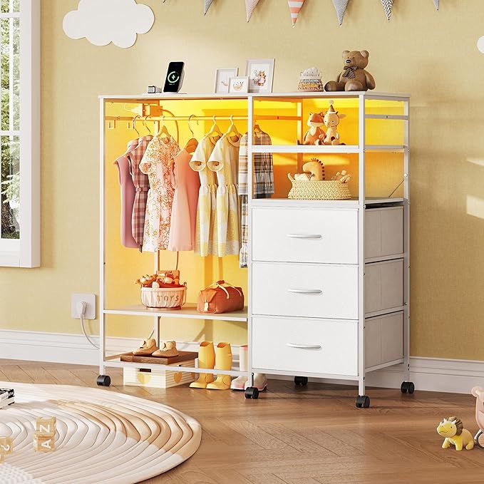 WLIVE White Dresser with Hanging Rack for Bedroom, 3 Drawer Dresser with LED Lights & Charging Station, Fabric Dressers & Chest of Drawers, Storage Organizer with Open Shelves for Living Room