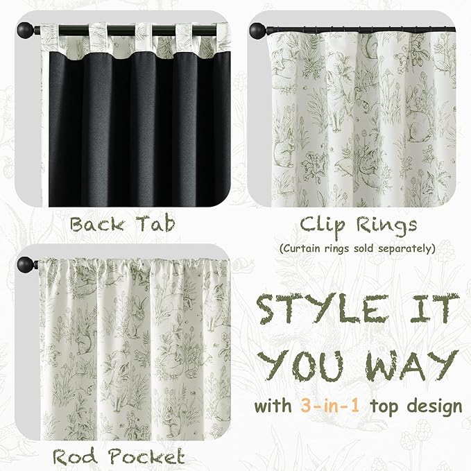 jinchan Blackout Nursery Curtains 84 Inches Long, Bunny Woodland Toile Curtains Sage Green on Beige Animal Printed Drapes for Bedroom Rod Pocket Thermal Insulated Farmhouse Window Treatment 2 Panels