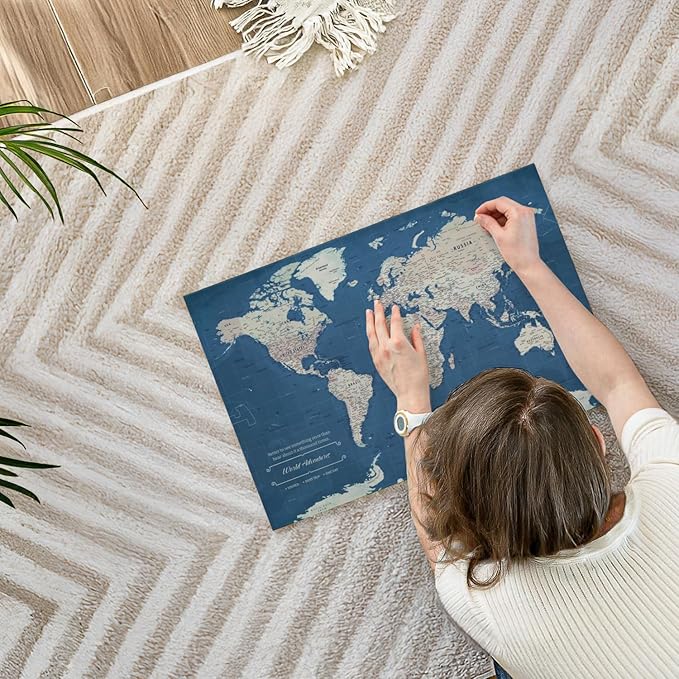 ElephantStock - World Adventures Push Pin Travel Map I Wall Art - Horizontal Canvas Wall Art - Living Room Wall Decor - Printmaking Map Canvas Art - Blue And Beige Decor - 24" x 16"