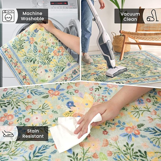 Area Rugs for Living Room 8x10, Washable Boho Green Thin Floral Living Room Rug Non-Slip, Vintage Bedroom Indoor Carpet for Dining Room Kitchen Playroom Office, Green/Multi