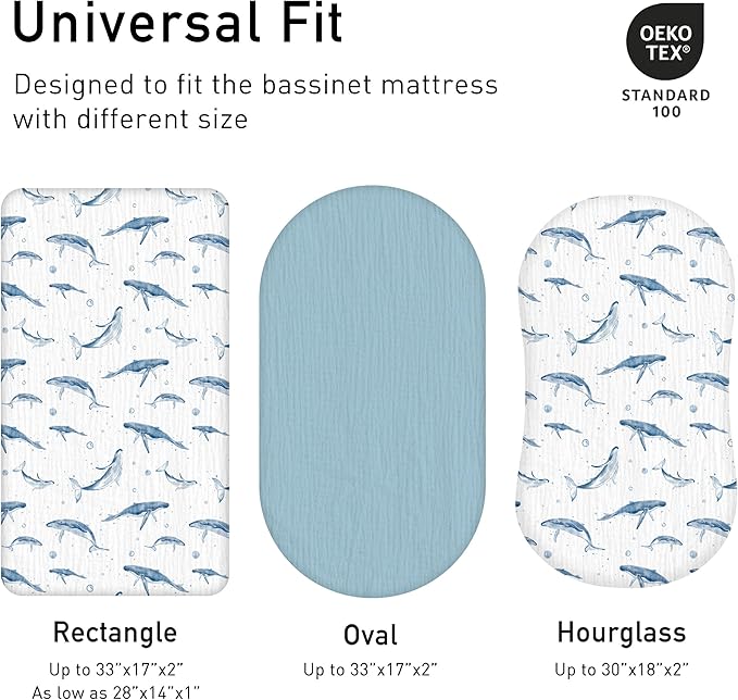 Muslin Bassinet Fitted Sheets, 2 Pack for Baby Boy and Girl, Soft Breathable Baby Pad/Mattress Sheet, Fit for Hourglass Oval and Rectangle Bassinet Mattress (Blue Whale)