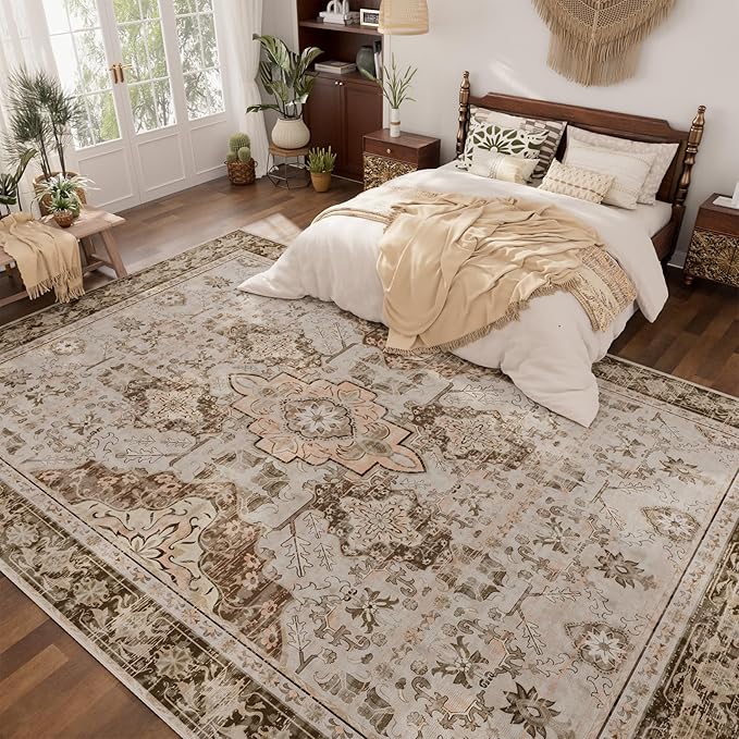 AMTOVO 8x10 Area Rugs for Living Room, Large Non-Slip Washable Rug, Boho Vintage Retro Medallion Print Pattern Carpet for Bedroom Dining Room Home Office Nursery Dorm Farmhouse, Light Brown