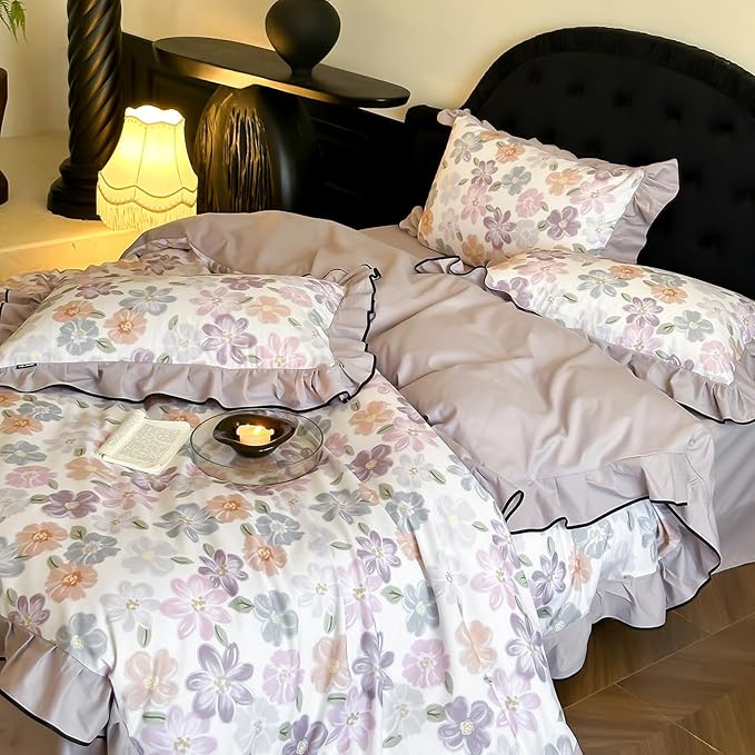 HighBuy Floral Ruffle Duvet Cover Twin Size,Brushed Cotton Soft Coquette Ruffle Flower Bedding Duvet Cover Set,Blush Floral Shabby Chic Farmhouse Duvet Cover and Pillow Shams,Purple - Twin