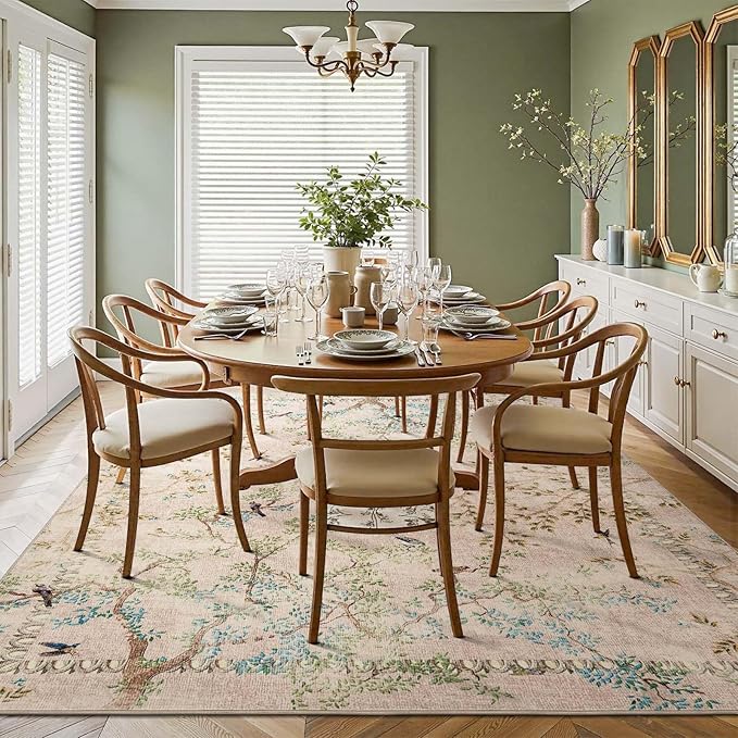 jinchan Yarden Botanical Birds 6x9 Beige Area Rugs for Living Room Washable Non Slip Soft Nature Plants Modern Kids Carpet Vintage Ultra Thin Low Pile Indoor Rug for Bedroom Nursery Playroom