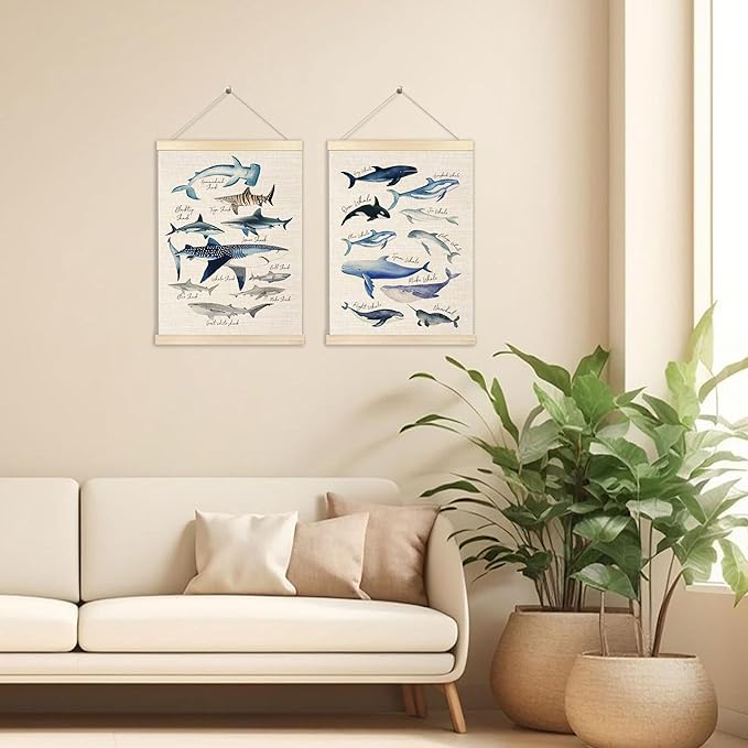 Ecezatik Whale Wall Art Set of 2, Whale Posters, Hanging Wall Art Decor for Classroom, Nursery, Kids Room, Playroom, Beach, Ocean Room Decor, 12x16 Inch