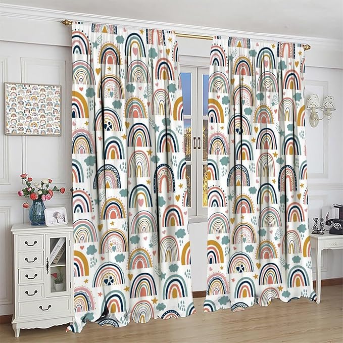 Kids Rainbow Curtains Boho Cartoon Colorful Stars Love Heart Lovely Abstract Art Pattern Print Window Drapes for Girl Bedroom Living Room Kitchen Decor,2 Panel Set,63Wx72H Inch Blackout
