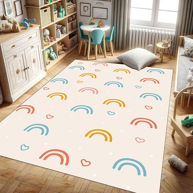 Children's Rainbow Carpet - Living Room Floor Mats, Soft, Washable, Anti-Slip, 3x5ft