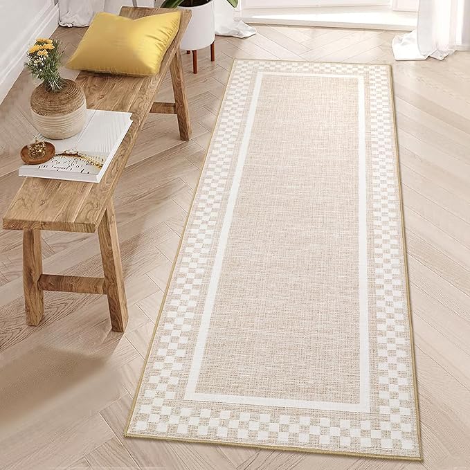 Washable Runner Rug 2x10 Modern Bordered Hallway Runner Rug Non Slip Kitchen Throw Carpet Checkered Bathroom Entryway Runner Rugs Low Pile Solid Area Rugs for Living Room Bedroom Nursery Sink, Beige