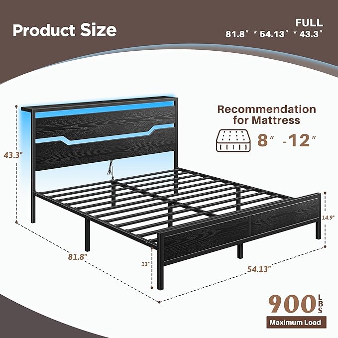 Full Size Bed Frame with LED Lights & Charging Station, Bed Frame Full with Headboard,13" Under Bed Storage, Noise-Free Heavy Duty Metal Support, Modern Black