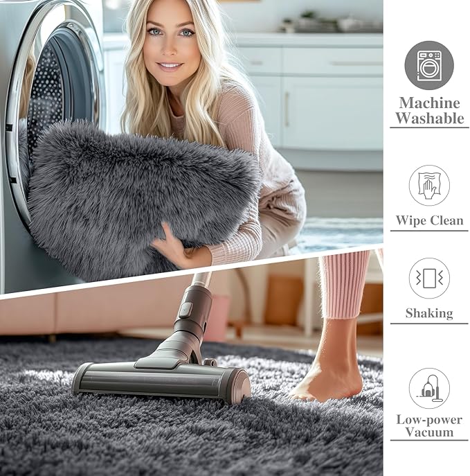 OLANLY Grey Round Rugs for Bedroom - Machine Washable, 2 ft Circle Area Rugs for Living Room, Soft and Fluffy Shaggy Carpet for Teen Girls and Boys, Nursery Rooms, Dorms, Home Decor Aesthetic