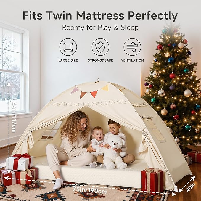 Toddler Canopy Lights & Flags Indoor Floor Bed Kids Tent Playhouse Portable & Foldable Twin Bunk Bed Curtains Girls & Boys House Bedroom Privacy Space Sleeping Tents Gifts Golden Beige Large Size
