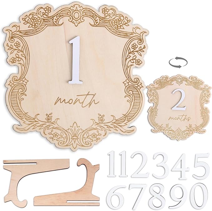 Vintage Wooden Baby Monthly Milestone Set, Elegant Engraved Frame with 3D Numbers and Month Months Signs, Newborn Photo Prop for Baby Monthly Pictures