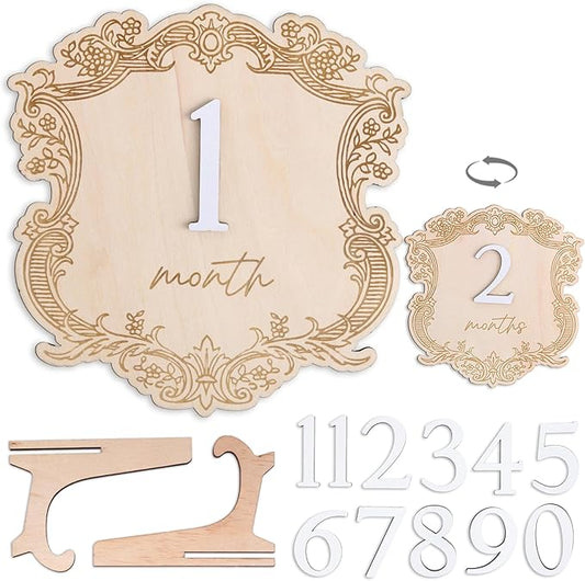 Vintage Wooden Baby Monthly Milestone Set, Elegant Engraved Frame with 3D Numbers and Month Months Signs, Newborn Photo Prop for Baby Monthly Pictures