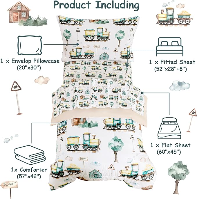Mooreeke 4 Pieces Toddler Bedding Set - Brown Country Train Town Toddler Comforter Sets for Boys, Includes Comforter, Flat Sheet, Fitted Sheet and Pillowcase, Bed in A Bag for Baby Bedroom