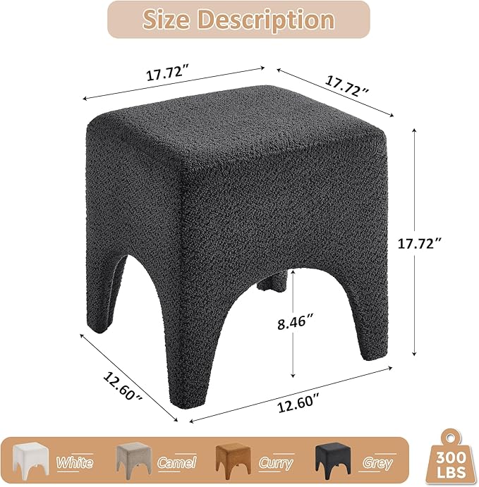 17" Boucle Modern Square Foot Stool Ottoman, Vanity Stool for Makeup, Rectangle Foot Rest for Couch, Upholstered Ottoman Stool for Living Room, Bedroom, Entryway (2, Dark Grey)