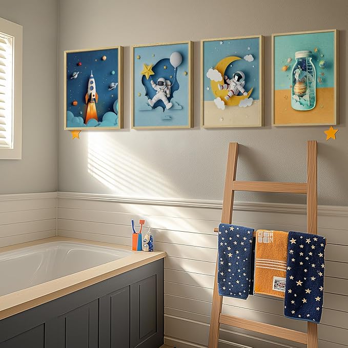 Framed Space Astronaut Wall Art for Boys Room, 4 Piece Cool Space Themed Canvas Wall Art Prints for Nursery, Rocket Artwork for Kids Room, Bedroom, Baby Room, Playroom, 12x16 Inch