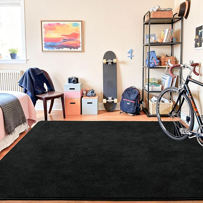 Chicrug 7x10 Minimalist Washable Area Rugs for Bedroom Living Room Classroom, Modern Soft Memory Foam Rug for Kids Nursery, Low Plie Indoor Carpet for Dorm Dining Office Bedside Room Decor, Black