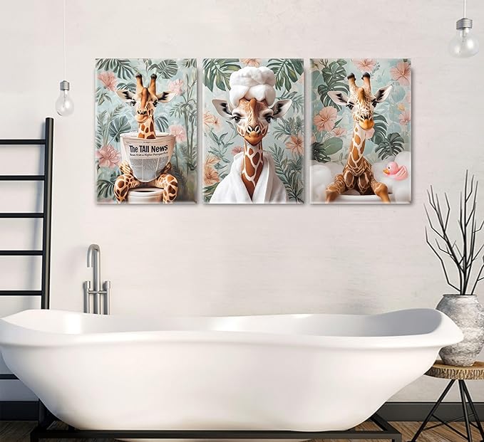 3Pcs Funny Animal Bathroom Canvas Wall Art Giraffe Reading Newspaper on Toilet Painting Picture Wall Decor Eclectic Jungle Giraffe Bathrobe Bathtub Poster Print for Toilet Bathroom Home Decoration