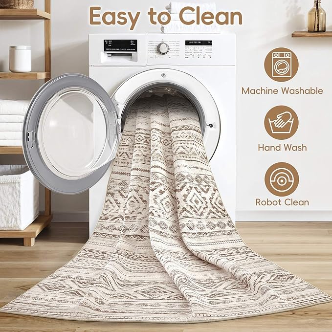 Area Rugs for Living Room Washable Living Room Rug Soft Neutral Indoor Floor Carpet Non-Slip Stain Resistant Modern Boho Rugs for Bedroom Dining Room Kids Room Nursery Office Home Dark Brown
