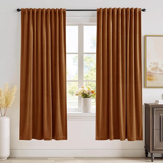 StangH Burnt Orange Velvet Curtains, Thermal Insulated Room Darkening Drapes for Bedroom, Living Room, Home Theater, Privacy Protect Decorative Window Treatment, 2 Panels, 52 x 72 Inches