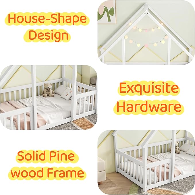 Casaphoria Twin Size House-Shaped Montessori Bedframe, Solid Pine Wood Kids Bed Frame, Toddler Floor Bed with Door & Fence for 1-3 Years Old Kids, White