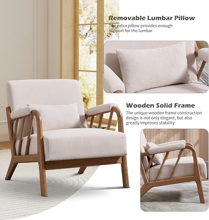Mid Century Modern Accent Chair with Solid Wood Frame, Upholstered Living Room Chairs with Lumbar Cushion Padded Arms, Reading Armchair for Bedroom Set of 2, Beige