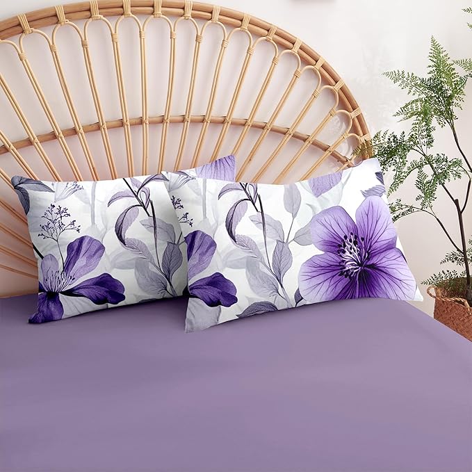 Nayoroom Purple Floral Comforter Set King Size Lavender Blooming Flower Leaf Printed Spring Comforter 3 Pcs Soft Lightweight Cottagecore Bedding Set for All Seasons (1 Comforter, 2 Pillowcases)