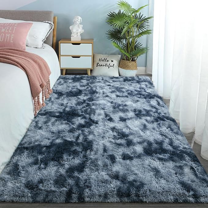 DweIke Fluffy Blue Grey Rugs for Bedroom Living Room, 8x10 Large Soft Plush Shaggy Tie-Dyed Navy Blue Gray Girls Boys Kids Rug, Upgraded Non-Slip and Machine Washable Carpet for Dorm Nursery Decor